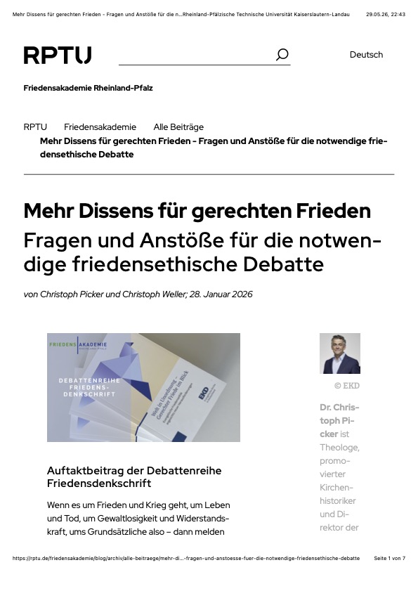 Bild zu Mehr Dissens f&uuml;r gerechten Frieden: Fragen und Anst&ouml;&szlig;e f&uuml;r die notwendige friedensethische Debatte, in: Friedensakademie Rheinland-Pfalz - Blog